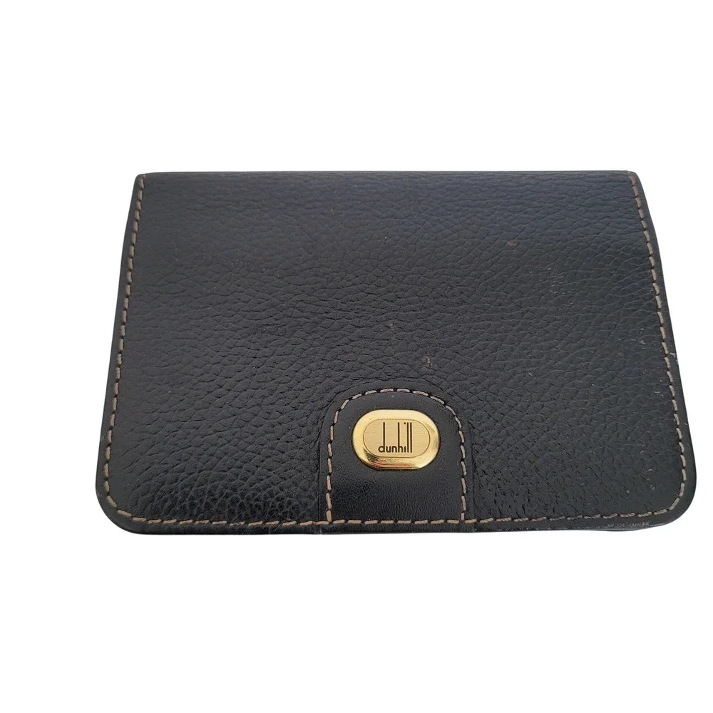 Dunhill Black Pebbled Leather Bifold Card Case Wallet Gold Logo Mens